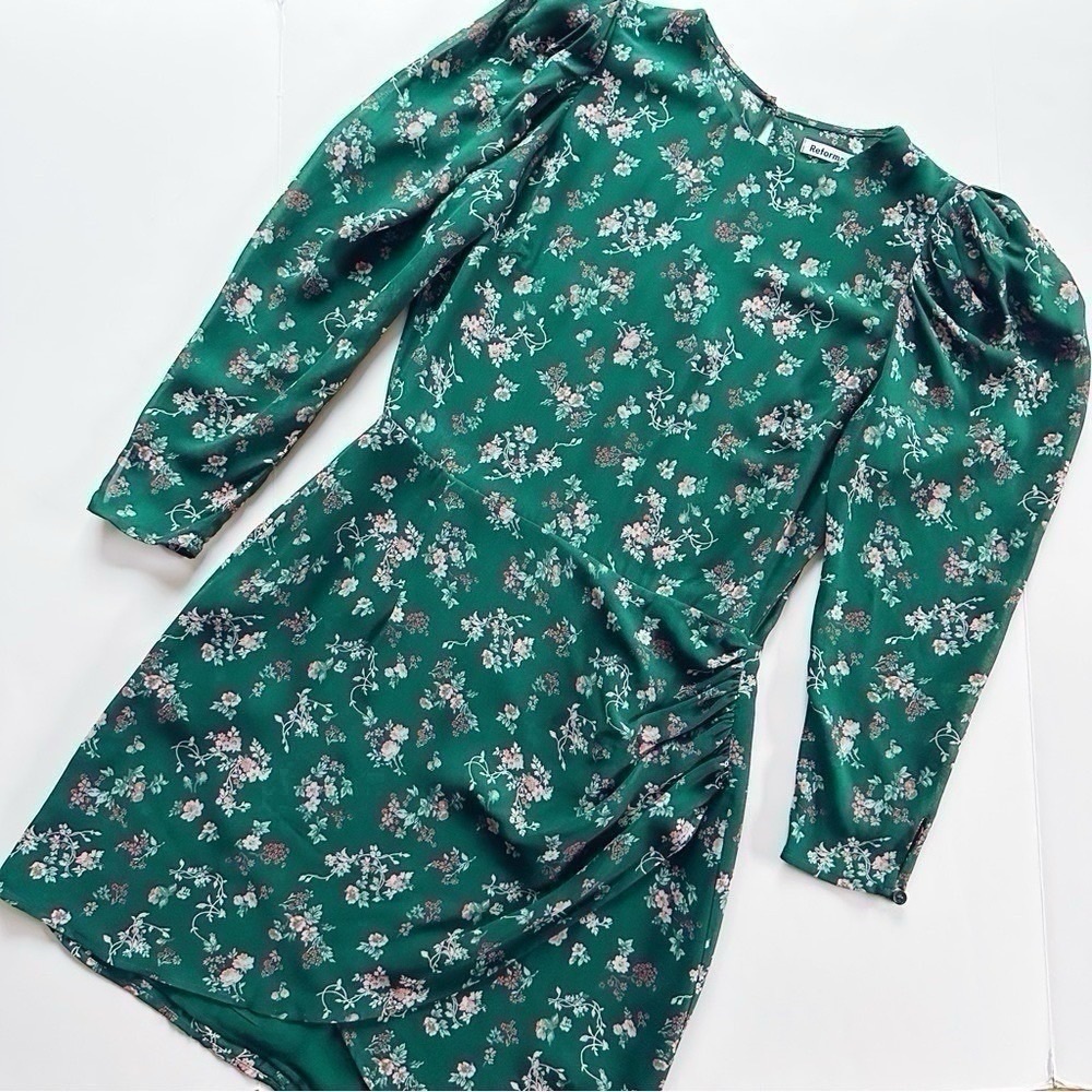 NEW Reformation Juni Floral Puff Sleeve Dress Green - Picture 9 of 15